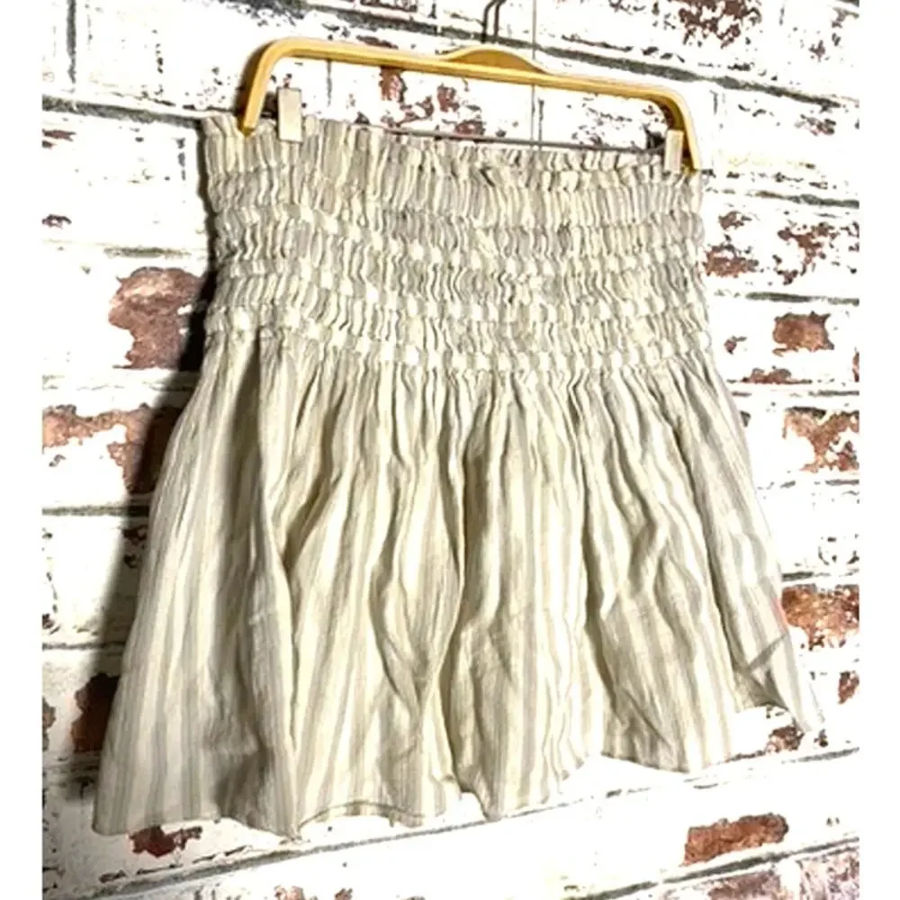 Madewell Smocked Linen Pull-On Mini Flared Flowing Skirt in Cool Fog Stripe